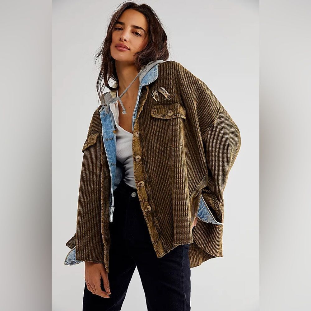 FP Free People Scout Jacket Waffle Knit Oversized Layering Shirt Green Small - Picture 2 of 16